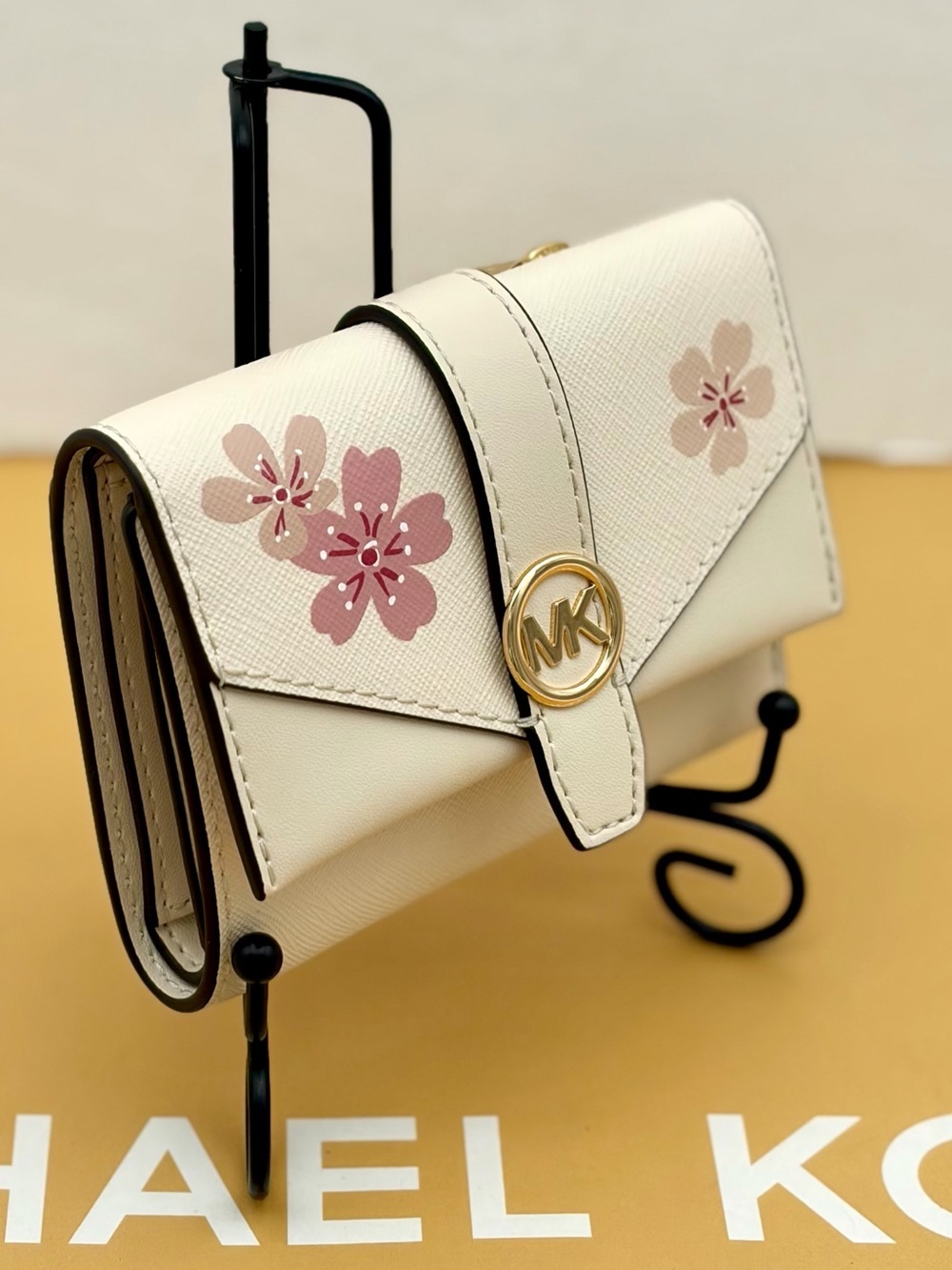 Michael Kors Ivory Compact Wallet with Pink Floral Accents